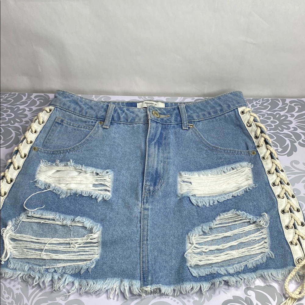 Forever 21 Los Angeles Denim Distressed Skirt with Lace-Up Sides size 27